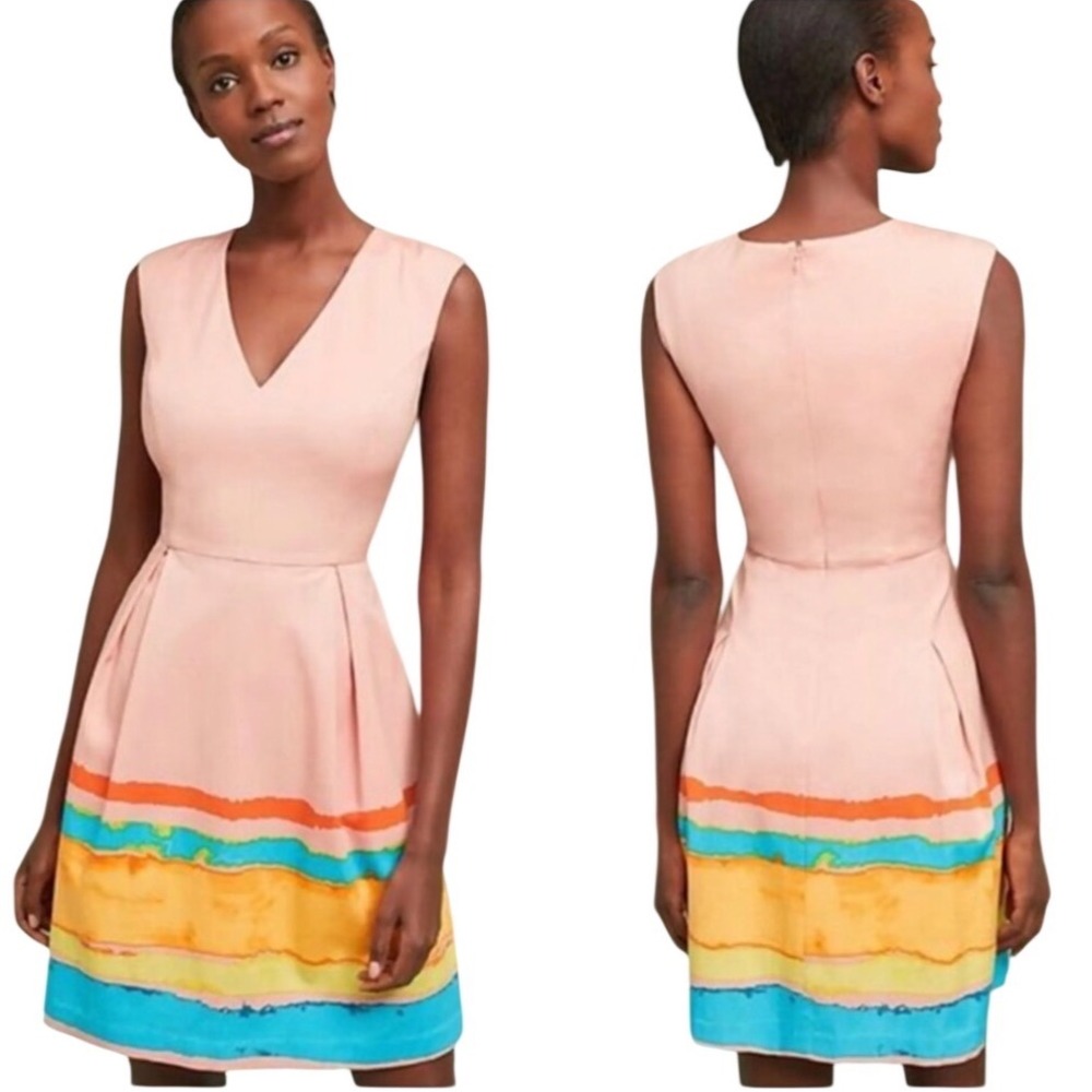 Tracy Reese Anthropologie Peach Watercolor Stripe Fit Flare Dress XC4X97‎ Size 6